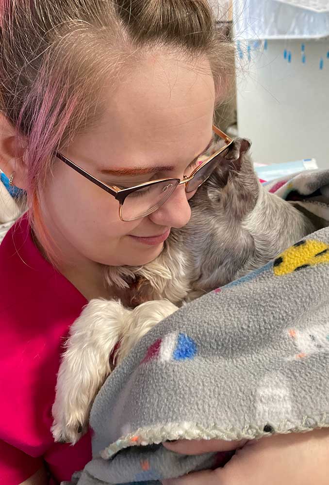 A veterinary technician cuddling with a dog A veterinary technician cuddling with a dog