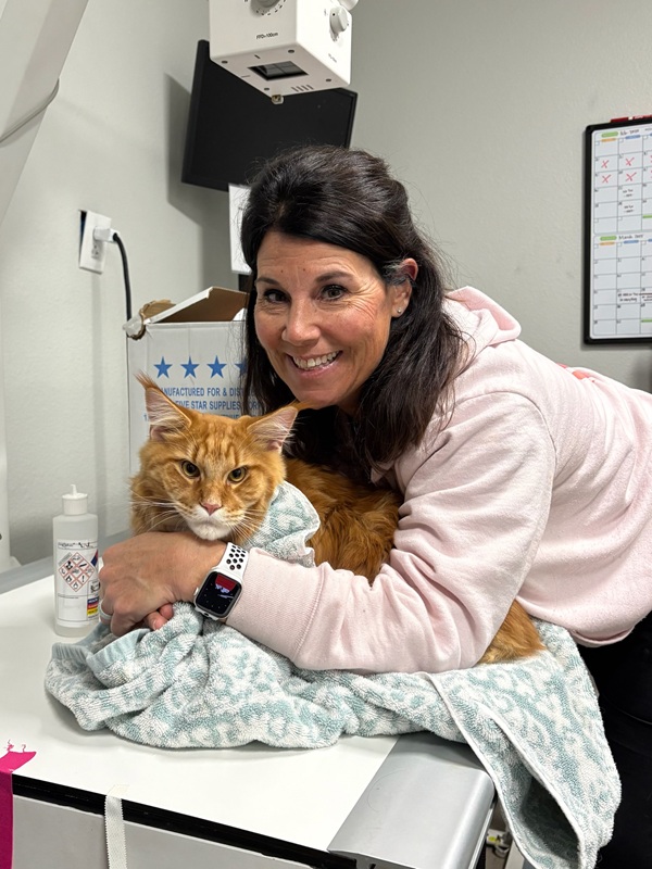 A veterinary technician cuddling with a cat